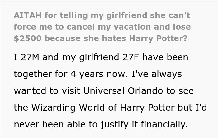 Man accused of supporting transphobia by visiting the Harry Potter Wizarding World amid relationship dispute.