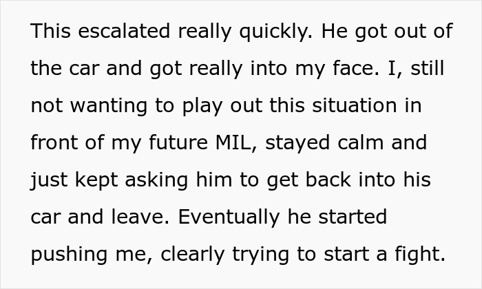 Text excerpt describing a confrontation where a guy blocks a garage and escalates conflict by swearing at a woman&rsquo;s family.