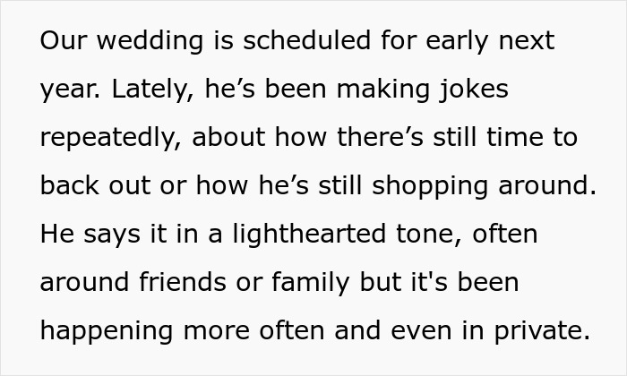 Text excerpt describing a groom-to-be making cold feet jokes repeatedly before the wedding, causing concern.