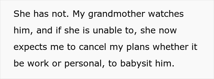 Text excerpt discussing a woman upset after sibling refuses to babysit her child all summer for free.