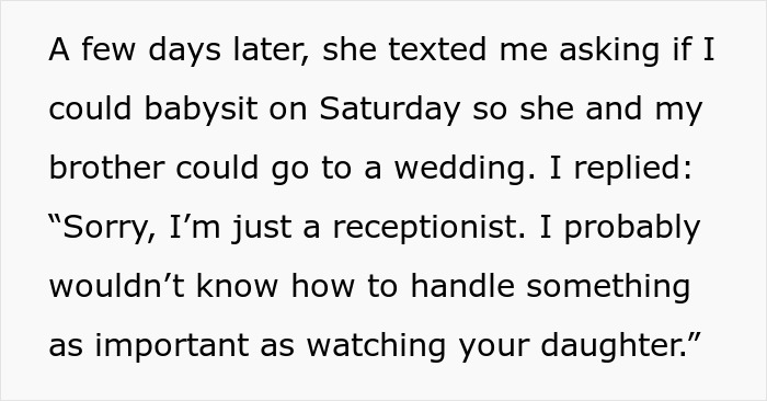Text message conversation where woman refuses to babysit niece after sister-in-law’s rude request for help. Text message conversation where woman refuses to babysit niece after sister-in-law’s rude request for help.