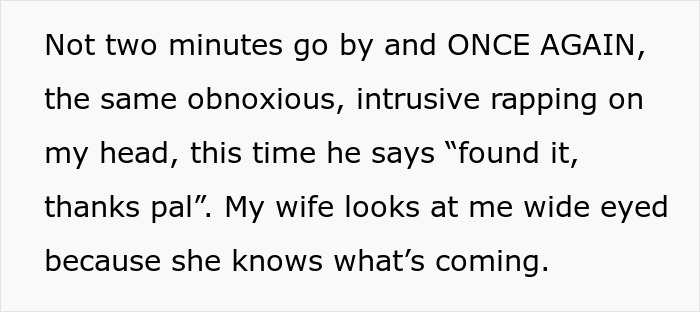 Text describing an obnoxious guy slapping a napping passenger&rsquo;s head to get attention, nearly causing a conflict.
