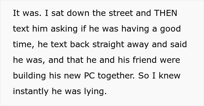 Text excerpt describing a woman confronting her cheating boyfriend who lies about spending time building a new PC.