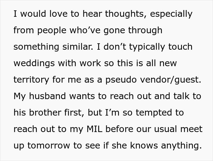 Text excerpt discussing a mother of ring bearer shocked to learn bride left her off guest list despite RSVP and help.