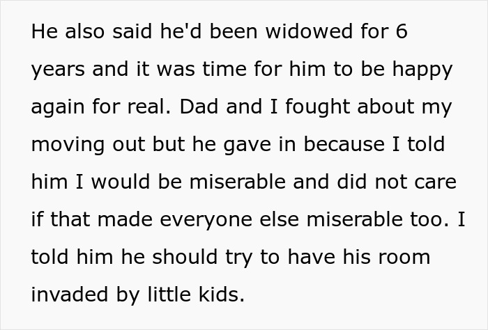 Text excerpt showing a teen refusing to be part of a blended family and discussing conflicts with his dad and stepmom.