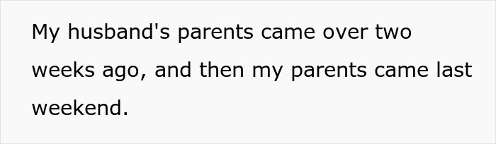 Text on a plain light background stating a personal family update about visits from husband's and own parents.