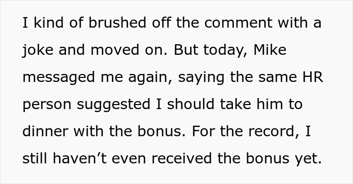 Text excerpt about a guy receiving a referral bonus after landing a good job thanks to his ex-colleague.