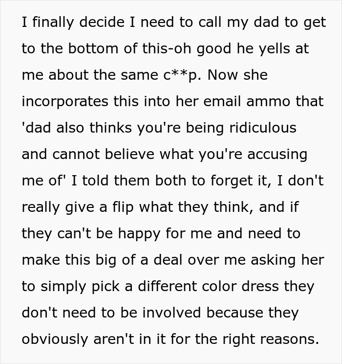 Text excerpt about bride asking mom not to wear white, facing guilt-tripping and gaslighting over wedding dress choice. Text excerpt about bride asking mom not to wear white, facing guilt-tripping and gaslighting over wedding dress choice.