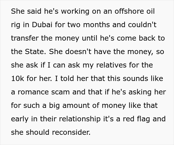 Text discussing a woman warning a coworker about a romance scam involving a large money request and receiving silent treatment. Text discussing a woman warning a coworker about a romance scam involving a large money request and receiving silent treatment.