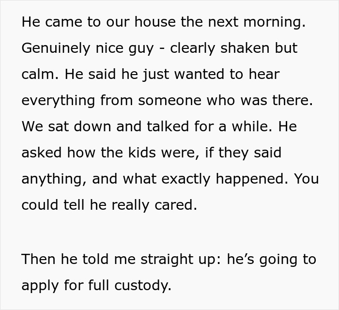 Text excerpt describing a conversation about kids' well-being and a decision to apply for full custody.