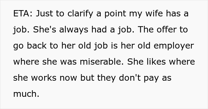 Text excerpt explaining a wife’s job situation amid a dispute about having more kids and marriage choices. Text excerpt explaining a wife’s job situation amid a dispute about having more kids and marriage choices.