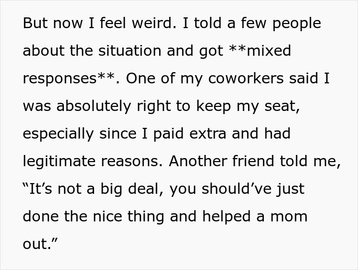 Text showing mixed responses after woman refused to give up her seat on 10-hour flight to a mom insisting on it.