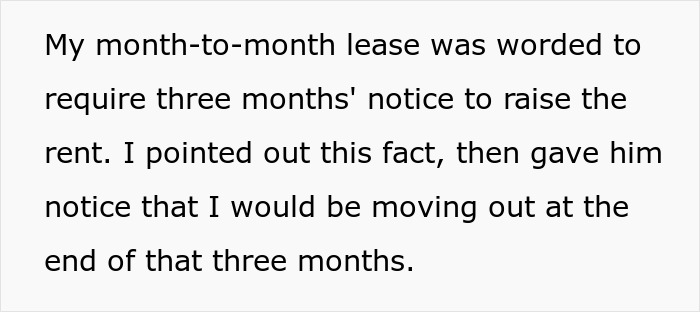 Text excerpt about month-to-month lease terms and notice period related to landlord and tenant legal dispute.