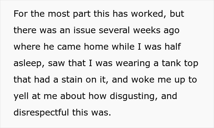 Excerpt describing a guy waking up his girlfriend to yell about her not wearing sexy clothes, calling it disgusting and disrespectful.