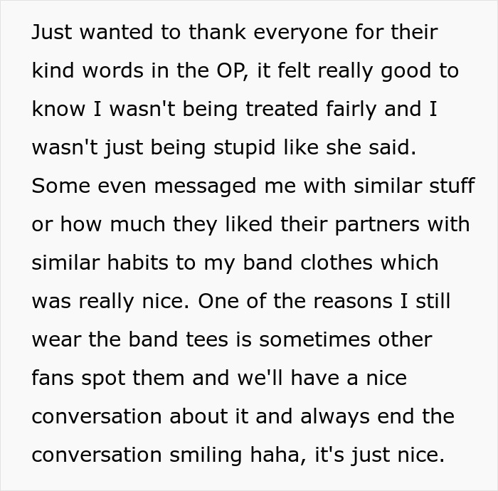 Text post expressing gratitude for support regarding girlfriend behaviour change in relationship and sharing positive experiences with band clothes fans.