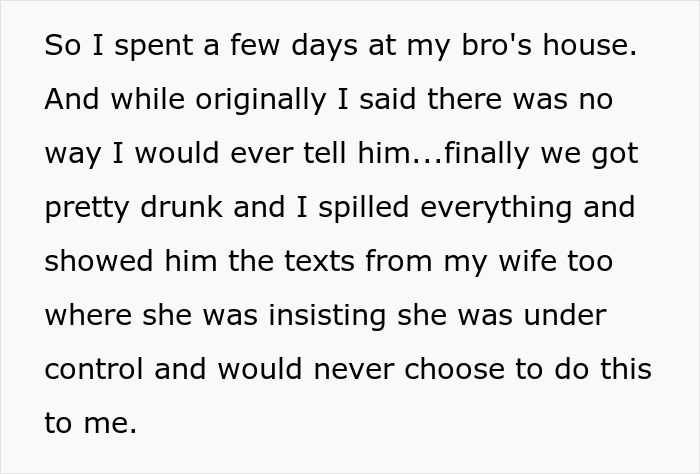 Text about a wife cheating on husband with messages claiming she was mind-controlled and not responsible for her actions.