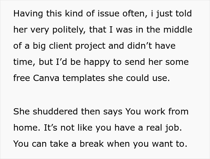 Text excerpt showing a freelancer explaining politely to a demanding client about being busy despite working from home.