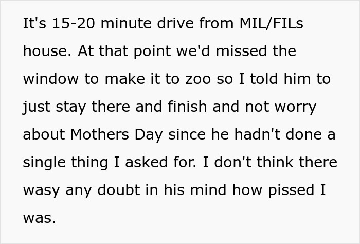 Text excerpt explaining a man missing his wife&rsquo;s first Mothers Day to spend time with his mom, causing upset feelings.