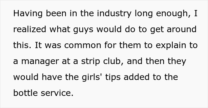 Text about industry experience explaining how men use tips at strip clubs to add to bottle service in Las Vegas. Text about industry experience explaining how men use tips at strip clubs to add to bottle service in Las Vegas.