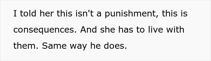 Text on a white background stating a person explaining consequences and punishment in a family conflict involving a daughter and her mother.