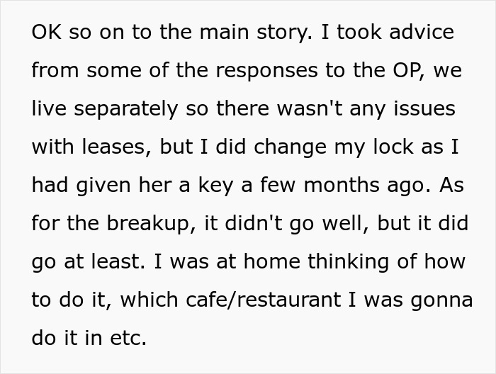 Text excerpt discussing relationship experiences and actions related to girlfriend behaviour change in a breakup scenario.