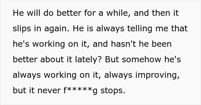 Text showing frustration over husband's bad memory, with a wife threatening cold showers as a consequence.