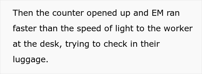 Text excerpt describing an entitled mother insisting on paying to upgrade and rushing to check in luggage at the desk.