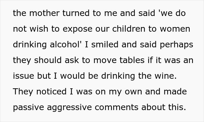 Text excerpt describing an entitled lady expecting a solo traveler to stop drinking alcohol to protect her kids from seeing women drinking.
