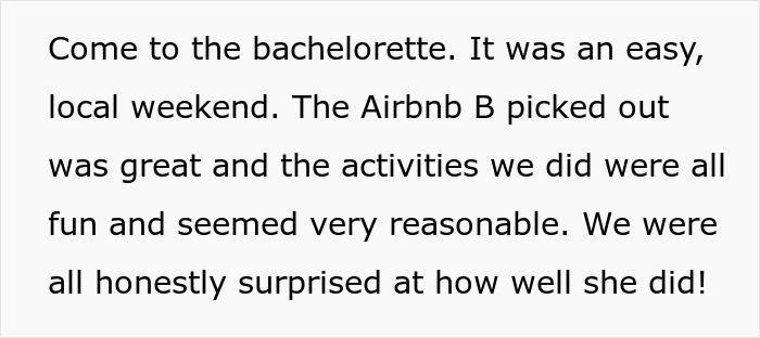 Text describing a positive experience with the bachelorette Airbnb and activities, highlighting affordability and fun.