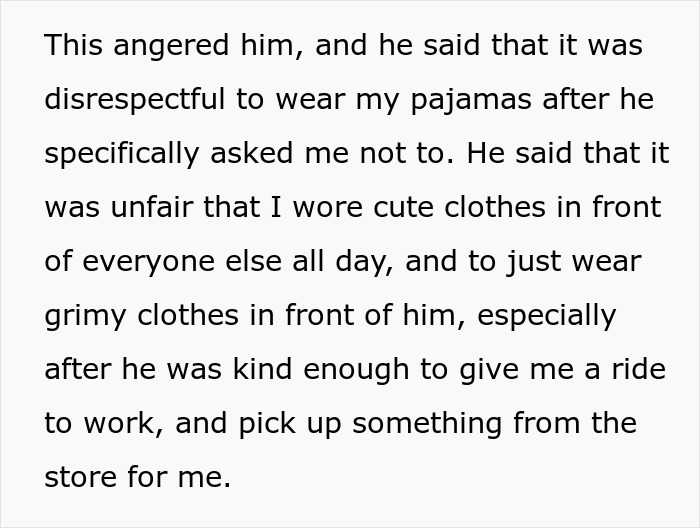 Text excerpt describing a guy upset about his girlfriend not wearing sexy clothes after he asked her not to.