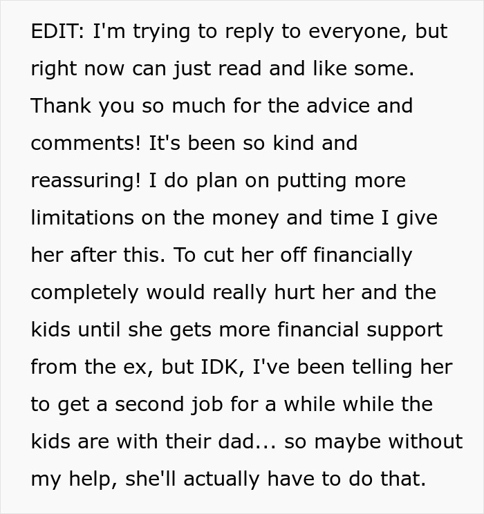 Text message discussing setting limits on babysitting and financial support after a child-free lady warns her sister.