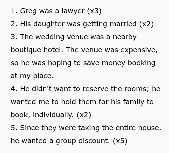 Entitled lawyer demands discounts from hotelier for daughter's wedding, facing firm pushback from boutique hotel owner. Entitled lawyer demands discounts from hotelier for daughter's wedding, facing firm pushback from boutique hotel owner.