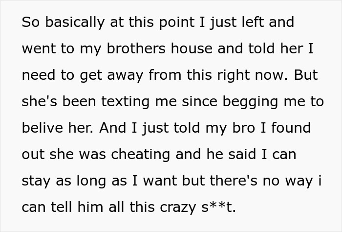 Text message conversation describing a husband learning about wife cheating and her unbelievable mind-control excuse.