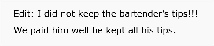 Text emphasizing keeping bartender's tips despite secretly selling alcohol at a dry wedding to cover costs.