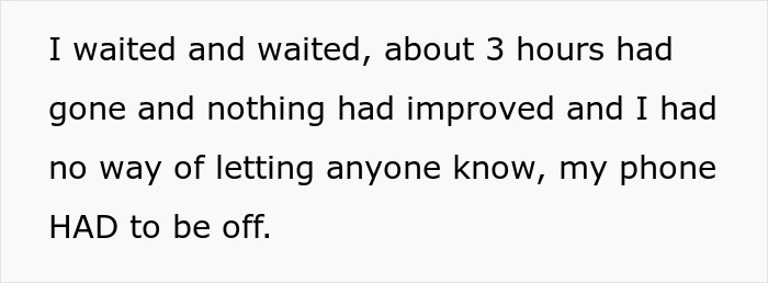 Text passage about waiting three hours with phone off, highlighting employee compliance with company rules. Text passage about waiting three hours with phone off, highlighting employee compliance with company rules.