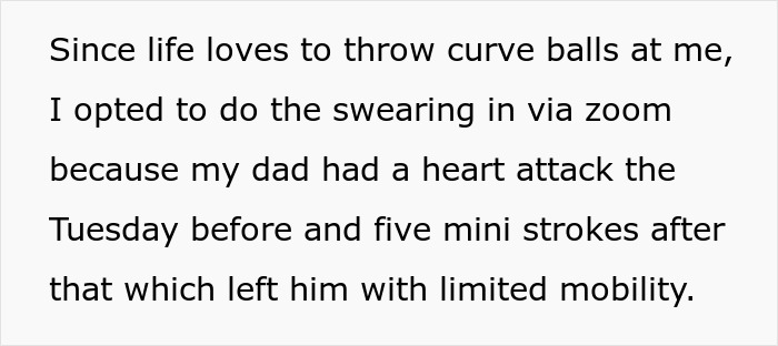 Text describing challenges faced during a boyfriend attorney swearing moment done remotely via Zoom.