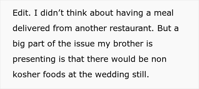 Text about brother expecting sister to pay $3,500 for kosher wedding meals amid issues with non-kosher food at celebration.