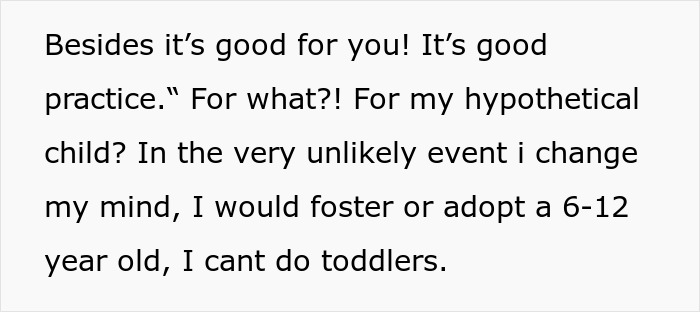 Text excerpt about a woman discussing babysitting and fostering, related to family holiday babysitting duties.
