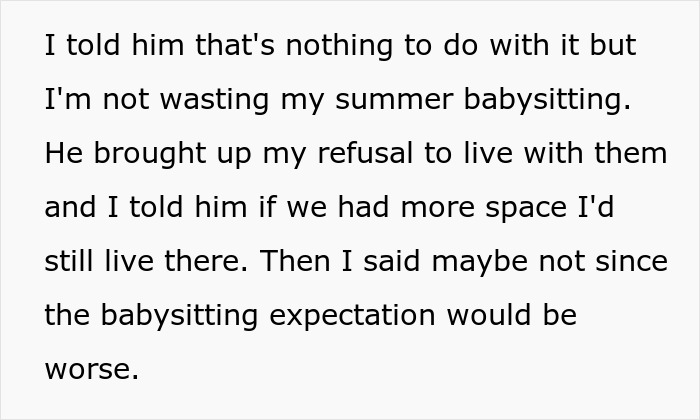 Alt text: Teen refuses to be part of blended family and opposes stepmom's babysitting expectations during summer.