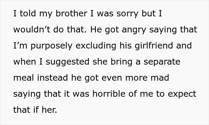 Text excerpt from an argument about brother expecting sister to pay $3,500 for kosher wedding meals for his girlfriend.