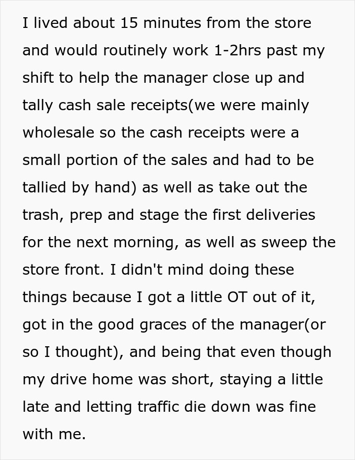 Text excerpt explaining someone&rsquo;s experience with working late and managing their schedule after being told to stop being late.