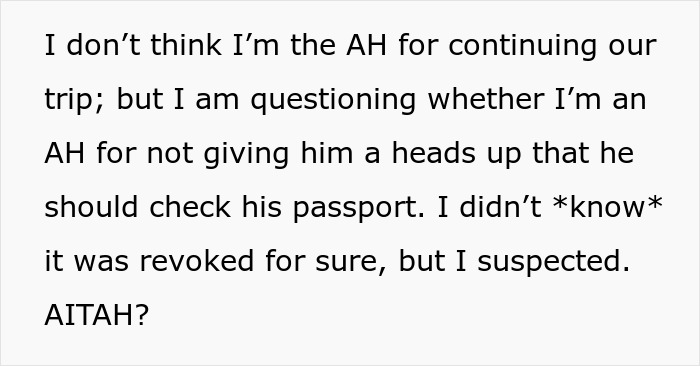 Text about woman not warning ex about revoked passport, causing him to be stranded at airport due to deadbeat ex issues.