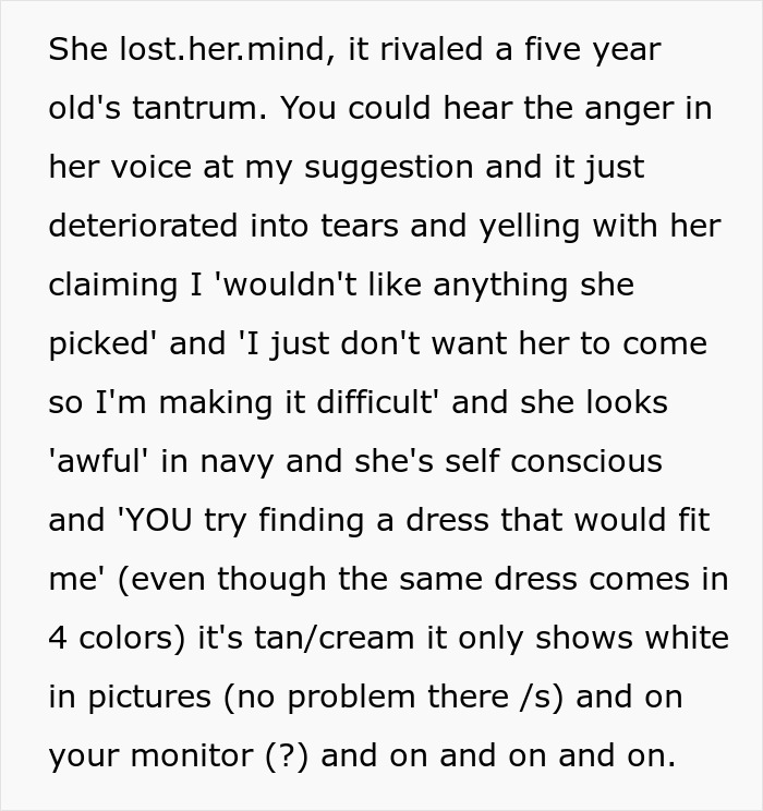 Text excerpt describing a bride asking her mom not to wear white, facing guilt-tripping and emotional conflict. Text excerpt describing a bride asking her mom not to wear white, facing guilt-tripping and emotional conflict.