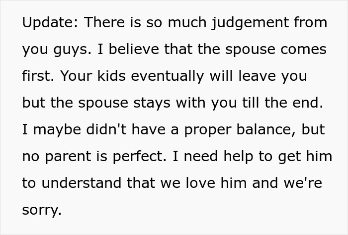 Text update from parents expressing regret and seeking help after son blows up due to years of neglect and strained relationship.