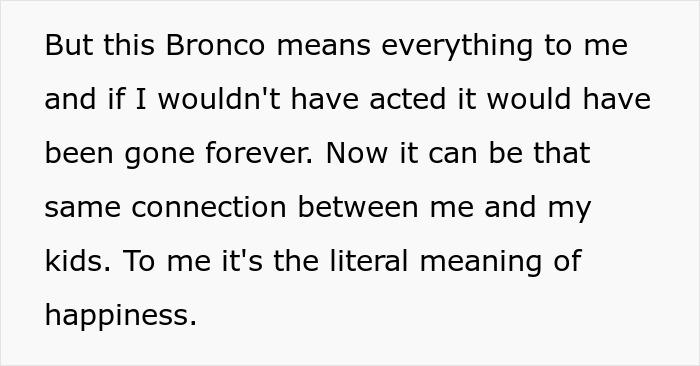 Text on a white background reads a man shares how his 1972 Ford Bronco represents his high school memories and happiness.
