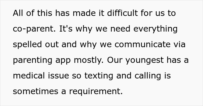 Text about difficulties co-parenting and communication relying on a parenting app due to stepmom causing stress.