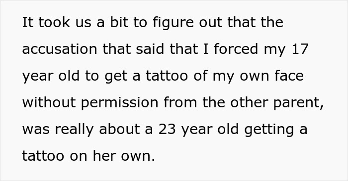 Text excerpt discussing accusation of forcing a child to get a tattoo involving a 17-year-old and CPS call.