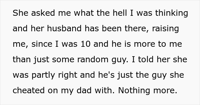 Text excerpt discussing family drama involving a mom, affair partner, and daughter's refusal to accept new stepfather.