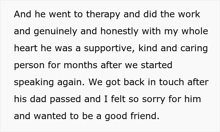 Text on a white background describing therapy progress and support from a caring person after getting back in touch.