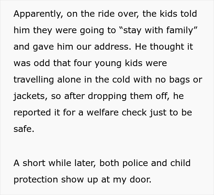 Text excerpt describing kids traveling alone in cold without jackets, prompting a welfare check by police and child protection services.